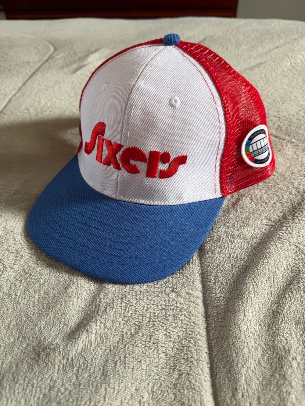 Sixers Red, White & Blue Mesh Snap Back Hat